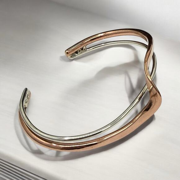 Copper 925 Sterling Silver Wave Cuff Bracelet Adjustable Size Artisan Handmade - Picture 3 of 8